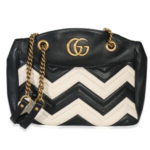 Gucci Black White Matelasse Medium GG Marmont Chain Tote